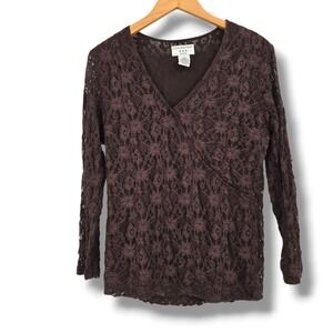 Covington Brown Floral Lace Faux Wrap V-Neck Long Sleeve Top Womens Size Large